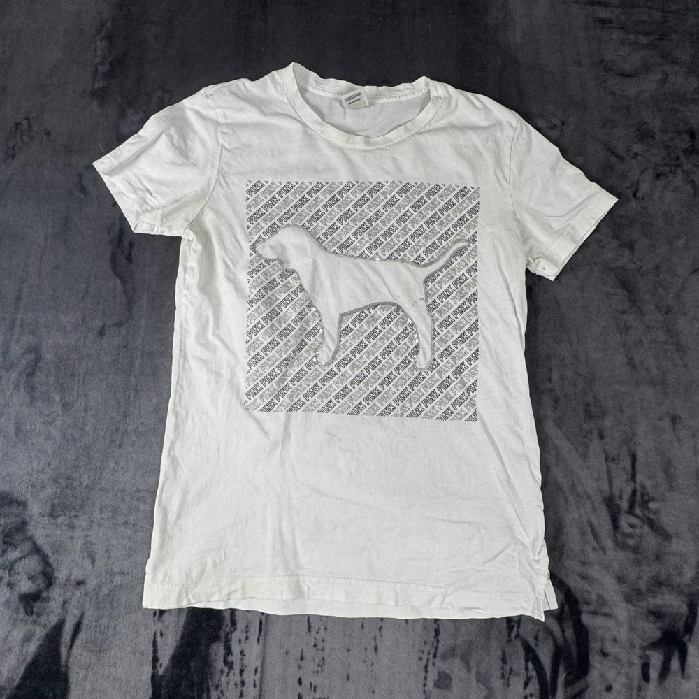 Pink Victoria's Secret T-Shirt Women XS White Dog Graphic Short Sleeve Tee